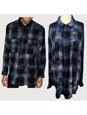 Ksubi Venom Tie Dye Plaid Oversized Shirt Black Blue L
